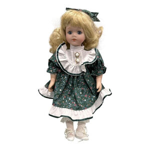 Porcelain Doll Blonde Curls Green Floral Dress Victorian Bow Pantaloons Shoes